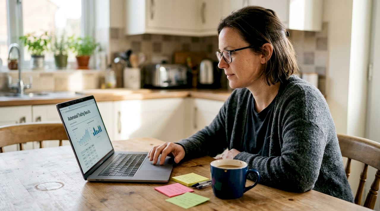 Trader reviewing algorithmic trading results at kitchen table