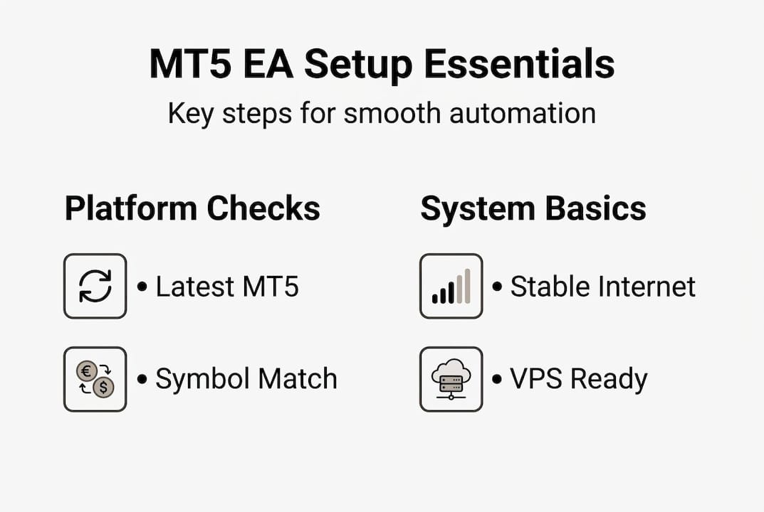 Infographic showing essentials for MT5 EA setup