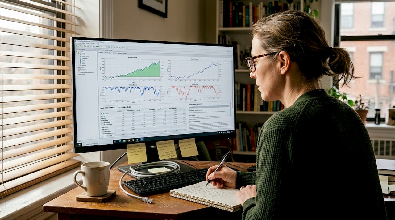Trader reviewing EA backtest results on screen