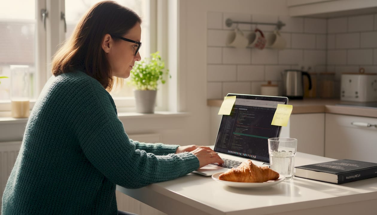 Coding expert advisor in kitchen workspace