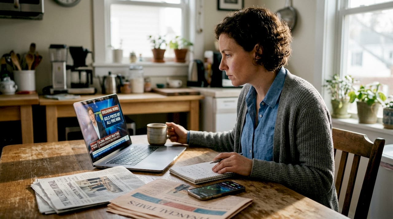 Gold trader responding to market news at kitchen table
