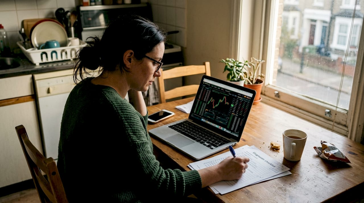 Woman reviews forex robot diagnostic steps