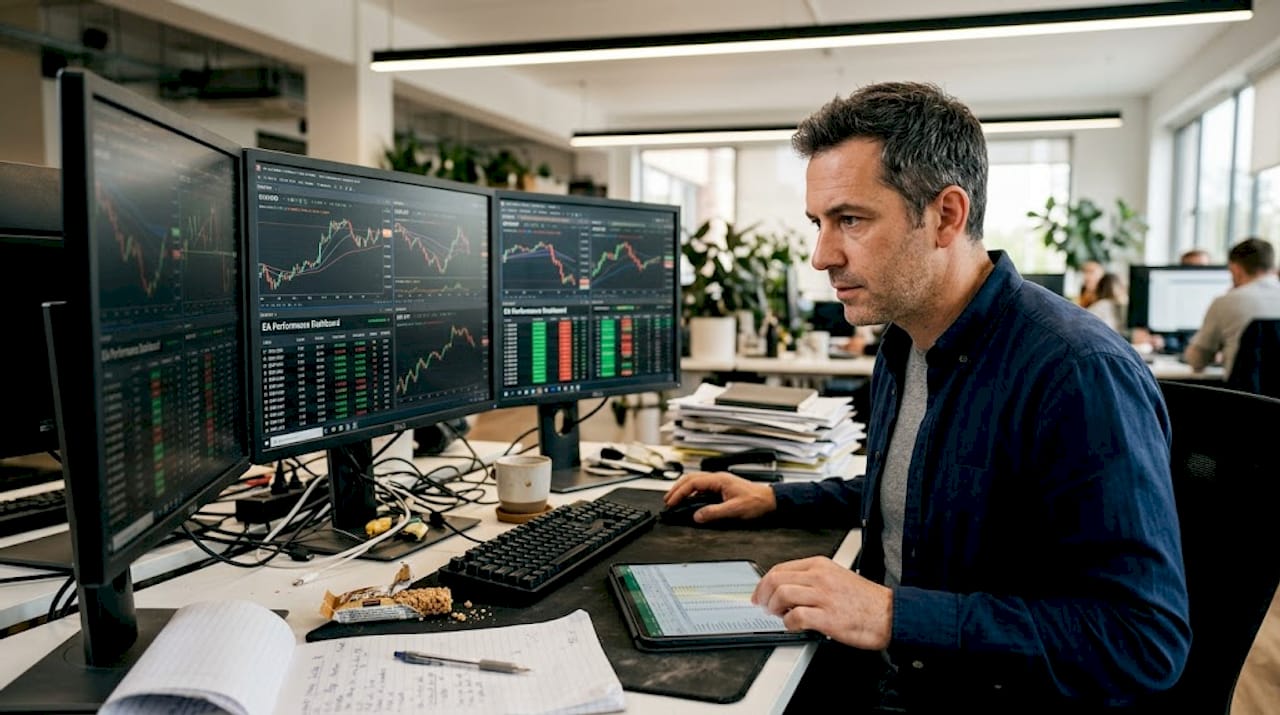 Man monitoring forex EA performance graphs