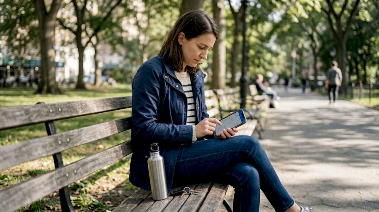 Woman trading on mobile app outdoors