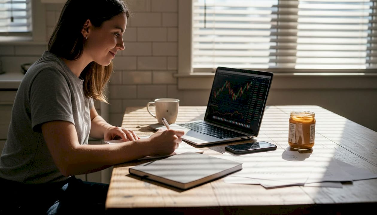 Retail trader working at kitchen table office