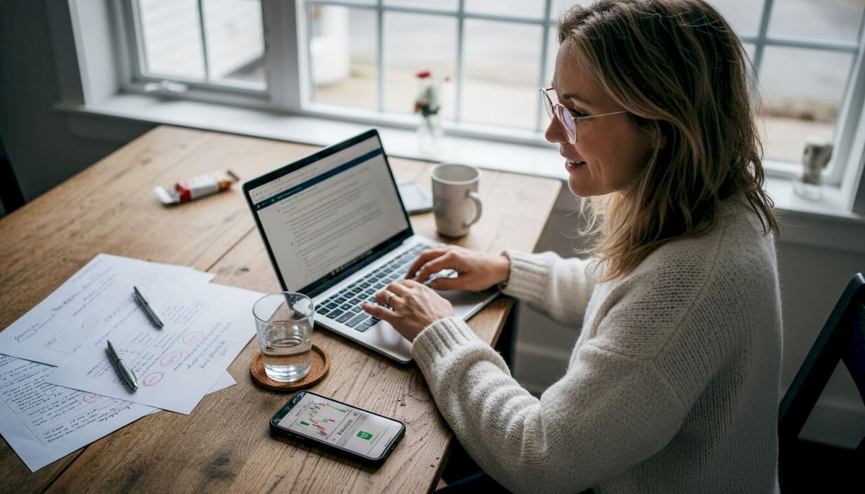 Woman managing AI trading risks at kitchen table