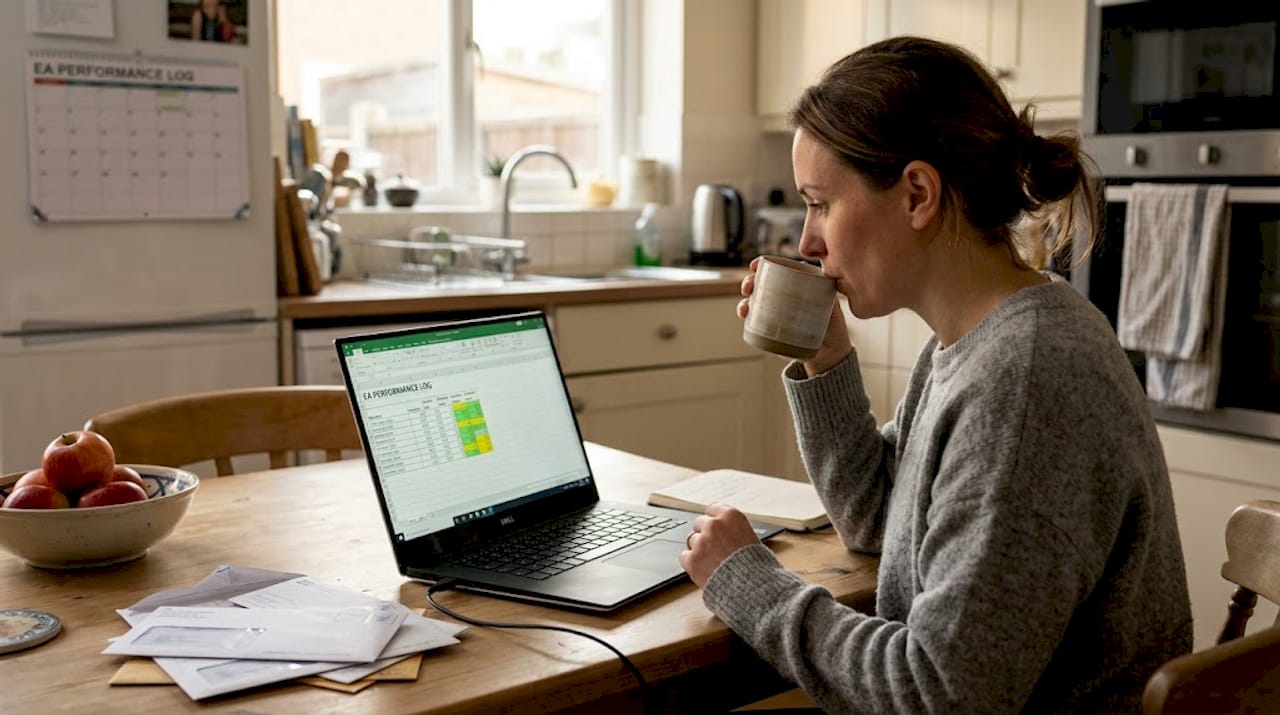 Trader checks EA logs in kitchen workspace