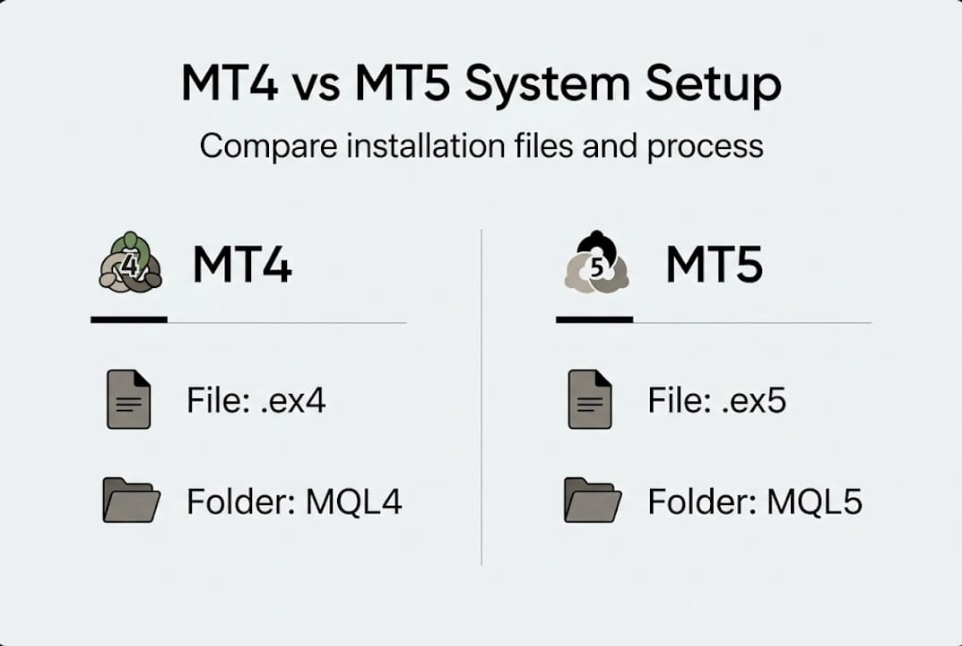 Infographic comparing MT4 and MT5 install steps