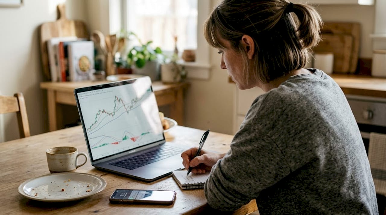 Trader analyzing trend indicators on laptop