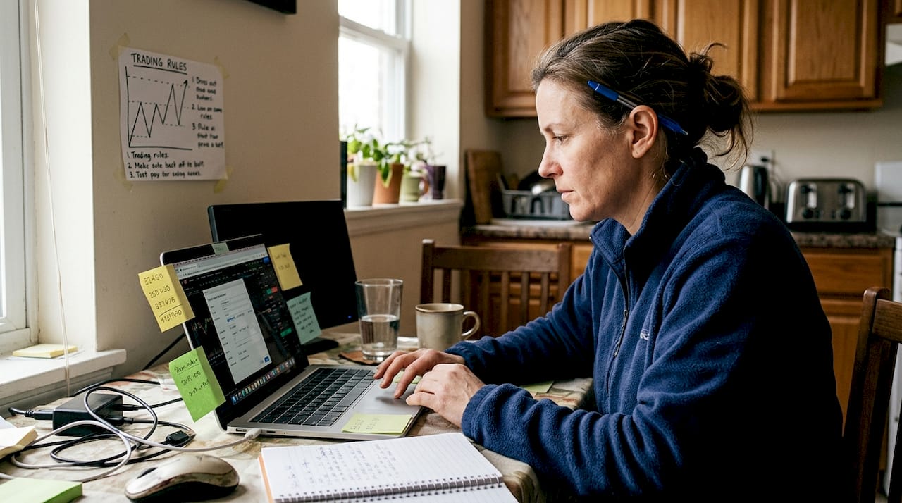 Trader manages automated system settings at kitchen table