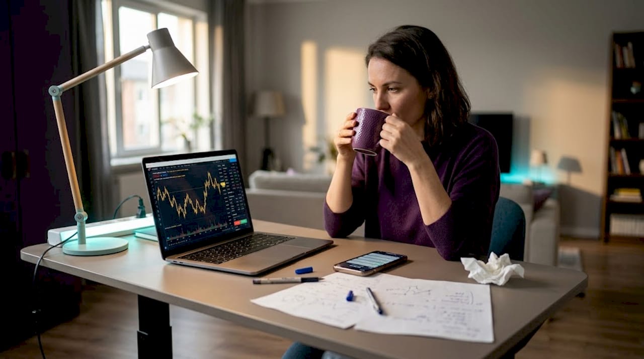 Woman reviewing trading risks at desk