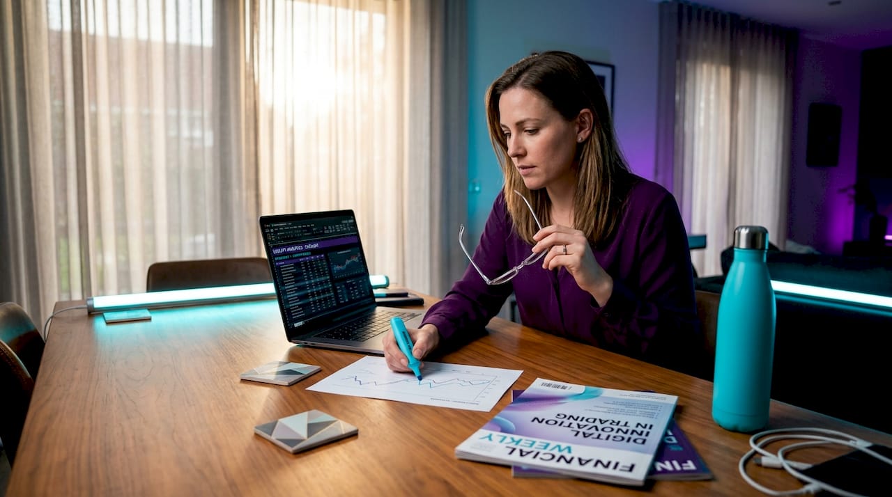 Woman reviewing backtesting results at table