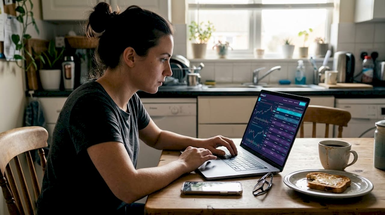 Trader reviewing forex trade fills at table