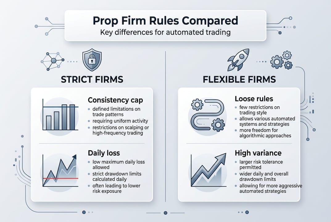 Infographic comparing strict versus flexible prop firm rules