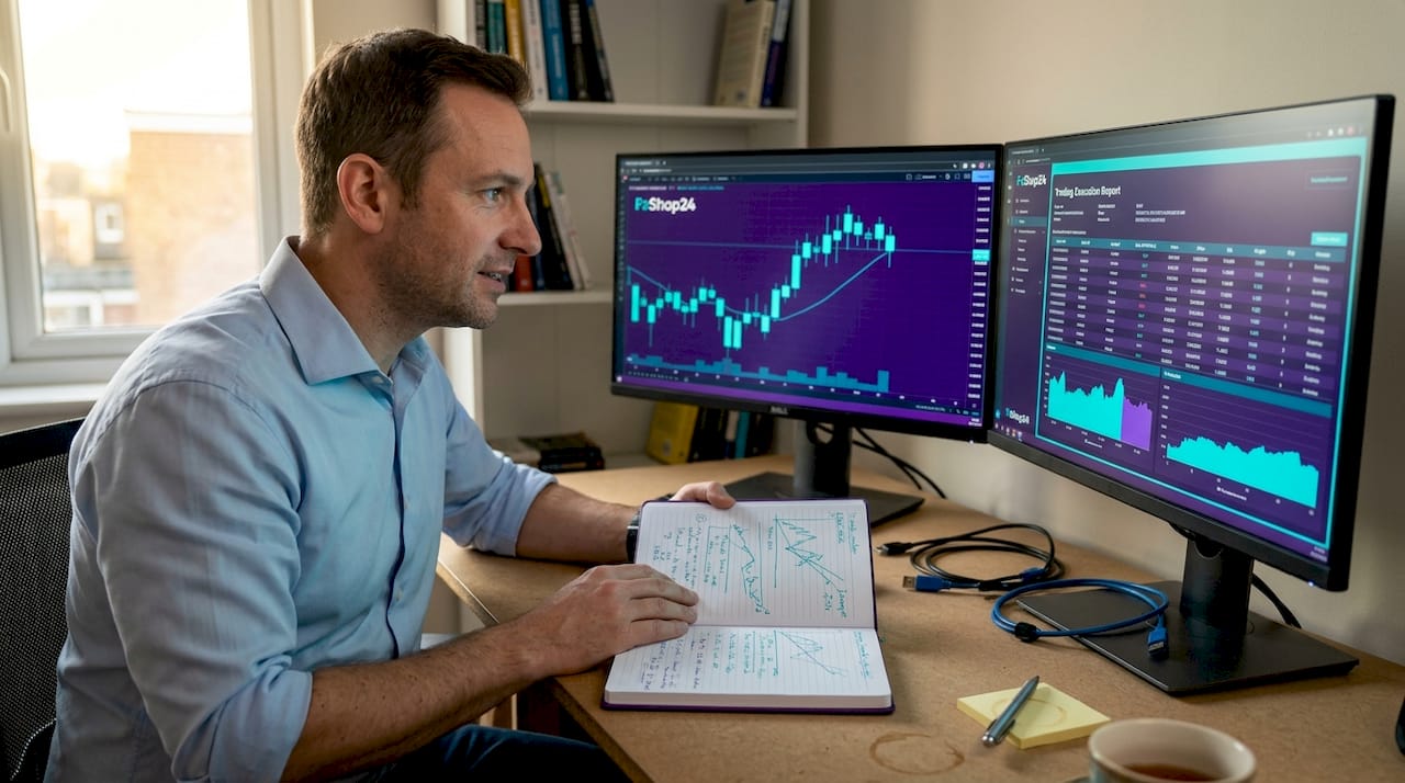 Trader analyzing execution reports and notes