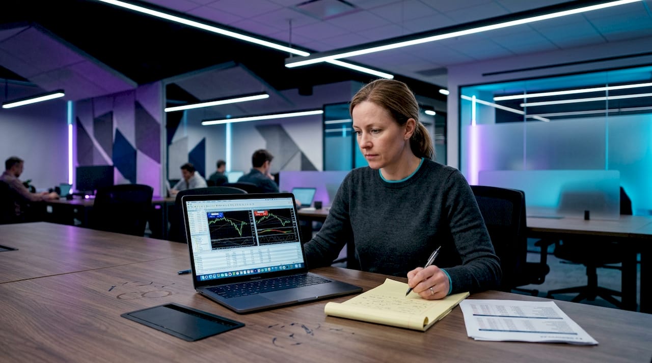 Woman analyzing MetaTrader platform in workspace