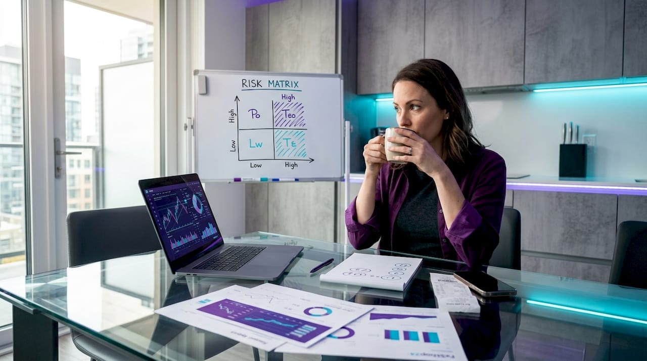 Woman at kitchen table reviewing trading risk controls