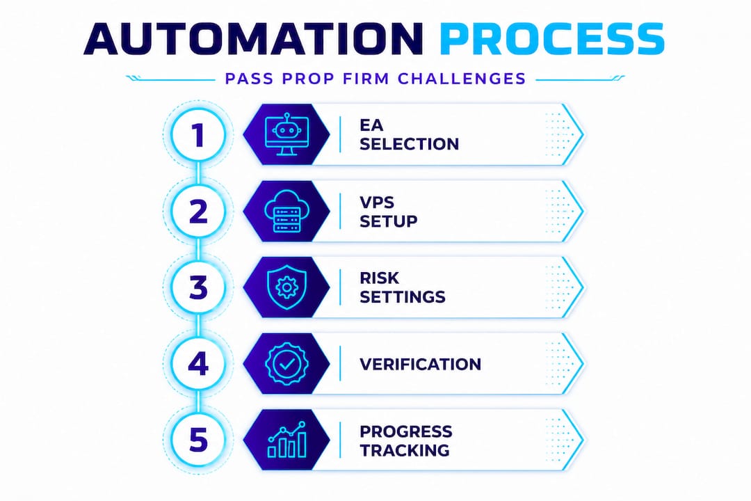 Infographic showing automation steps for prop firm challenges