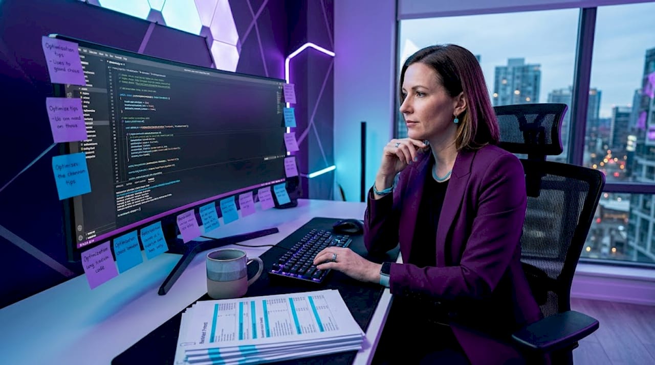 Engineer optimizing trading algorithm at modern desk