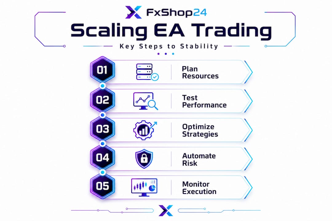 Infographic visualizing scaling steps for MT4 MT5 trading