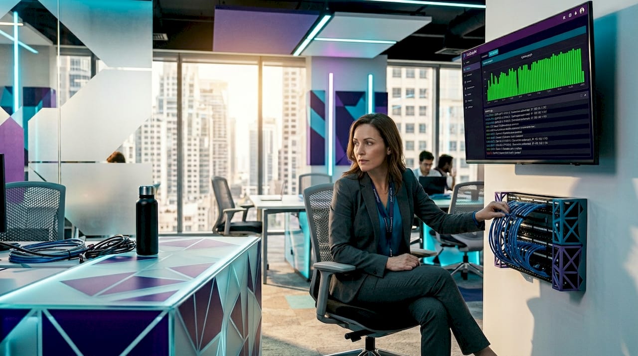 Woman monitoring server reliability in IT room