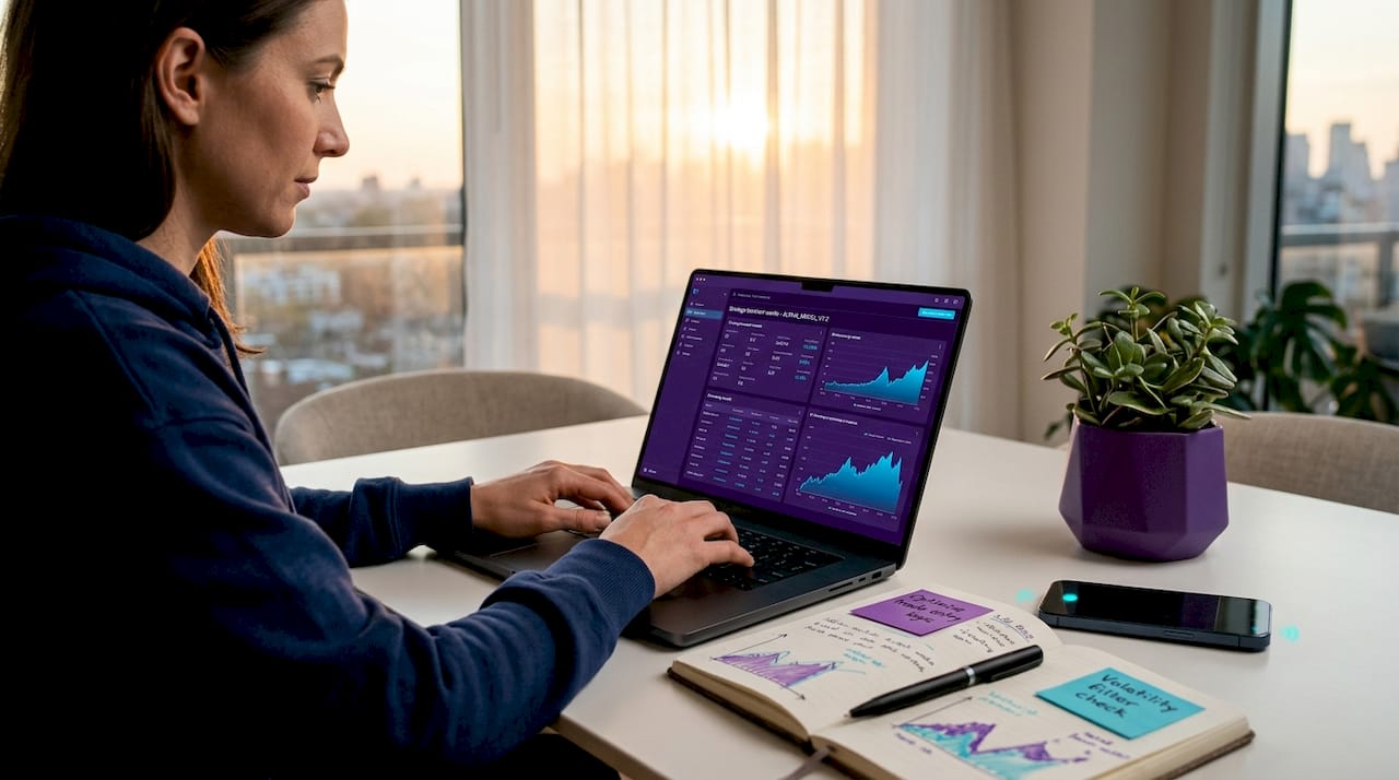 Woman testing trading algorithm at kitchen table