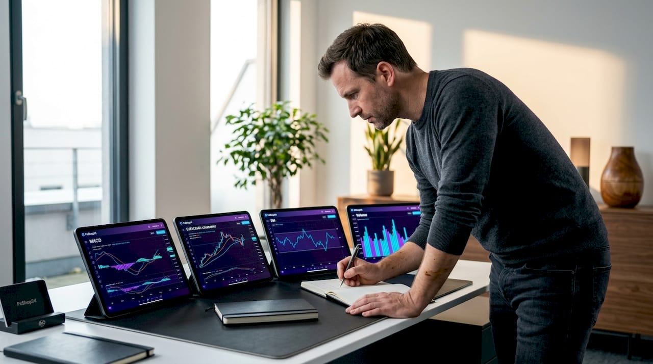 Person comparing trading indicators on tablets
