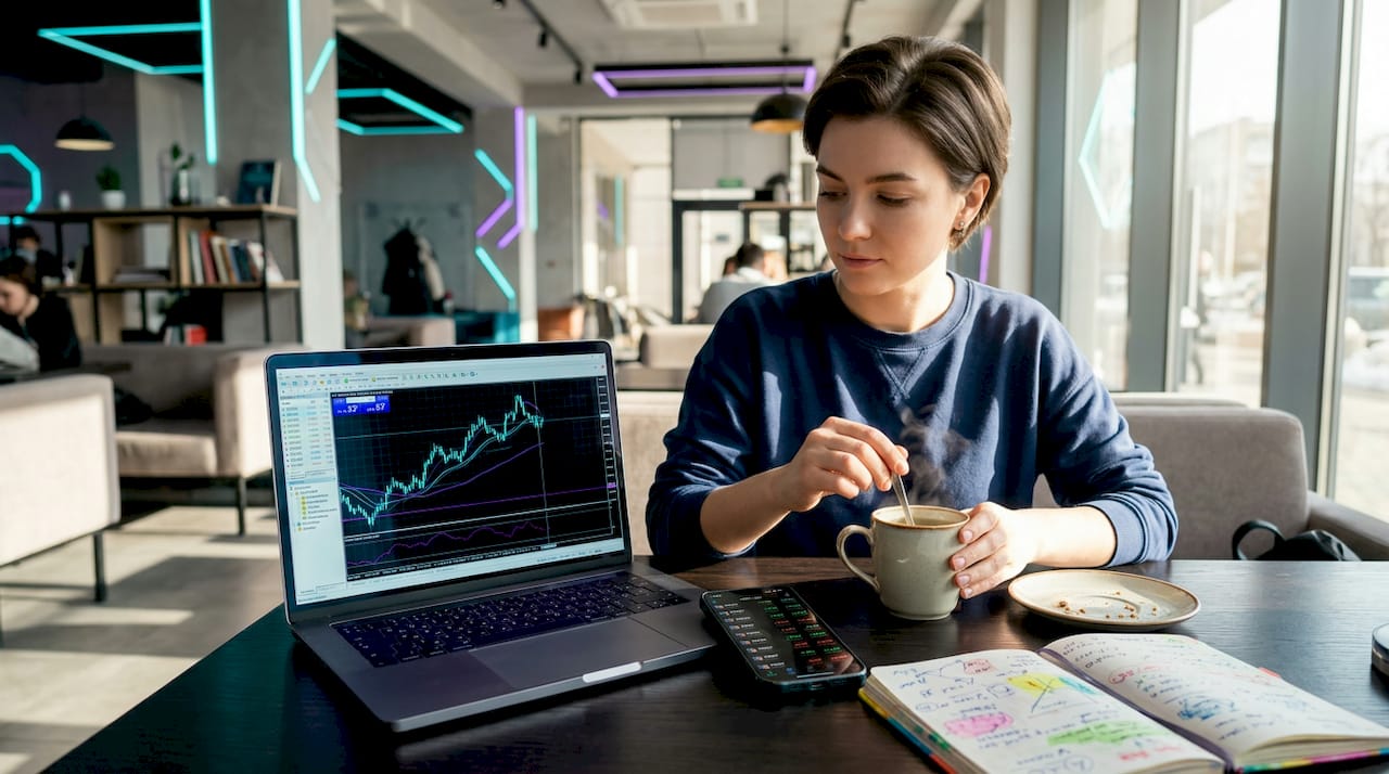 Woman monitors adaptive MT4 bot on laptop