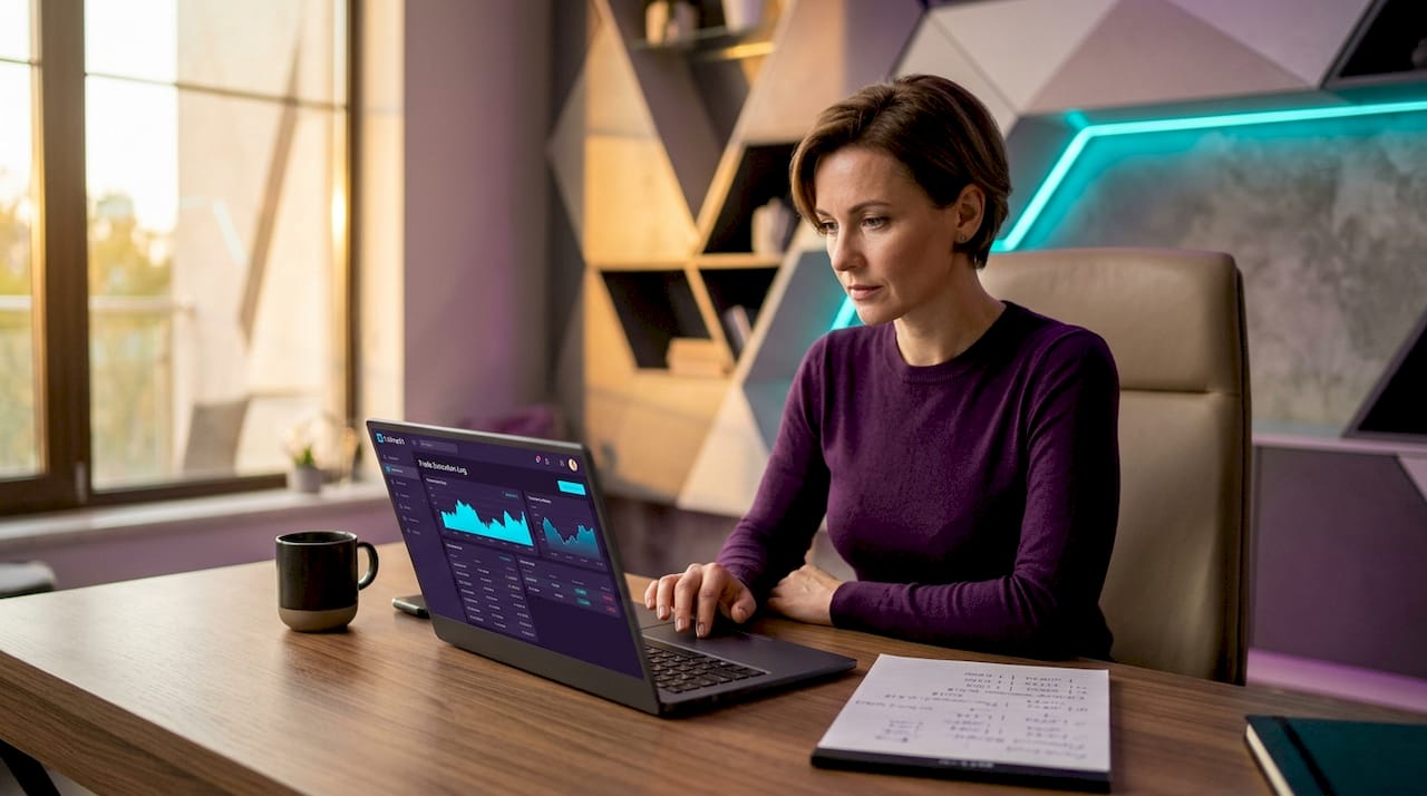 Woman reviewing trading execution log on laptop