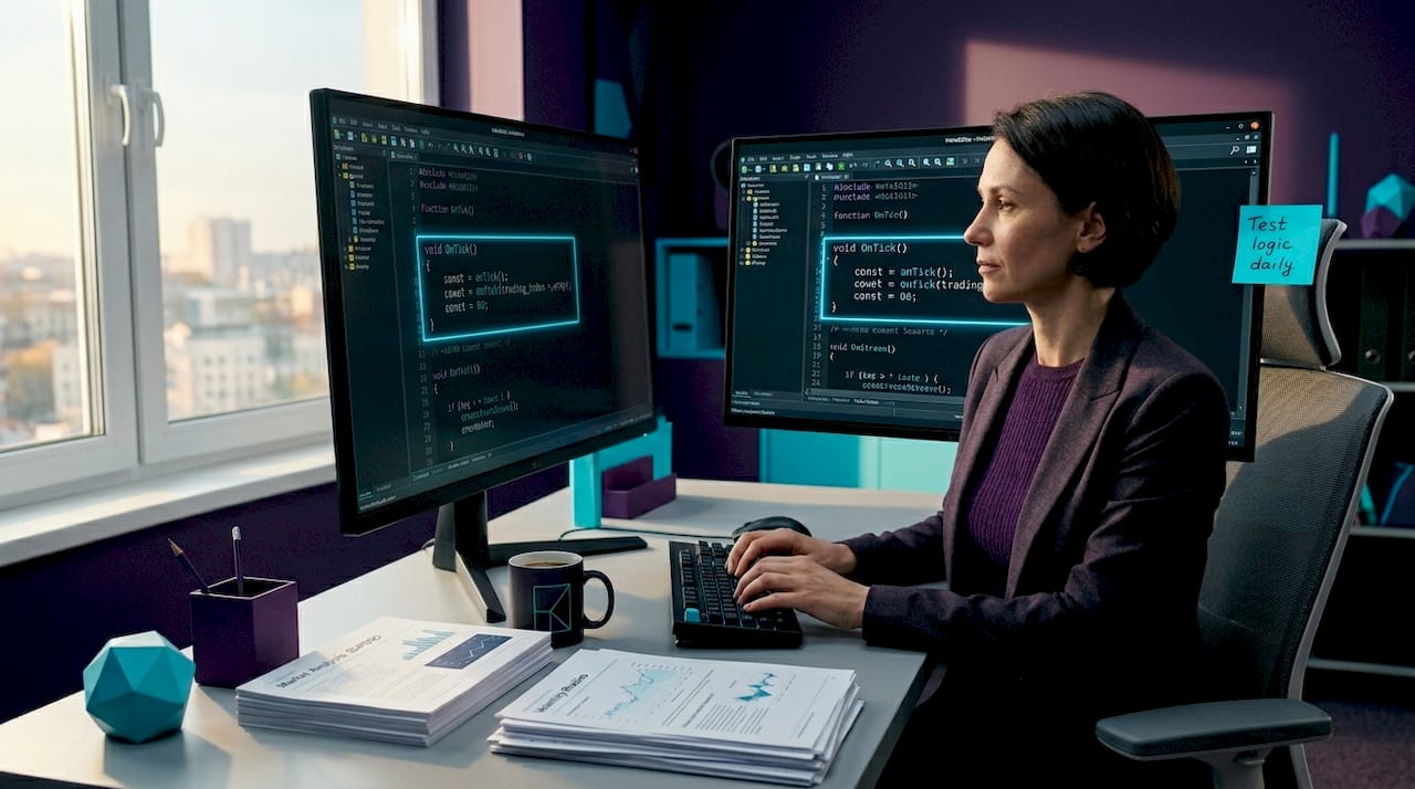 Woman coding Expert Advisor in MetaEditor
