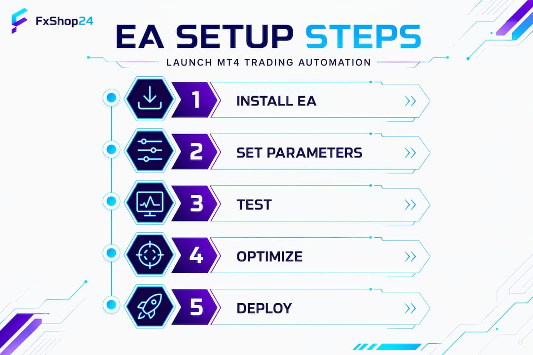 Infographic showing five steps for MT4 EA setup