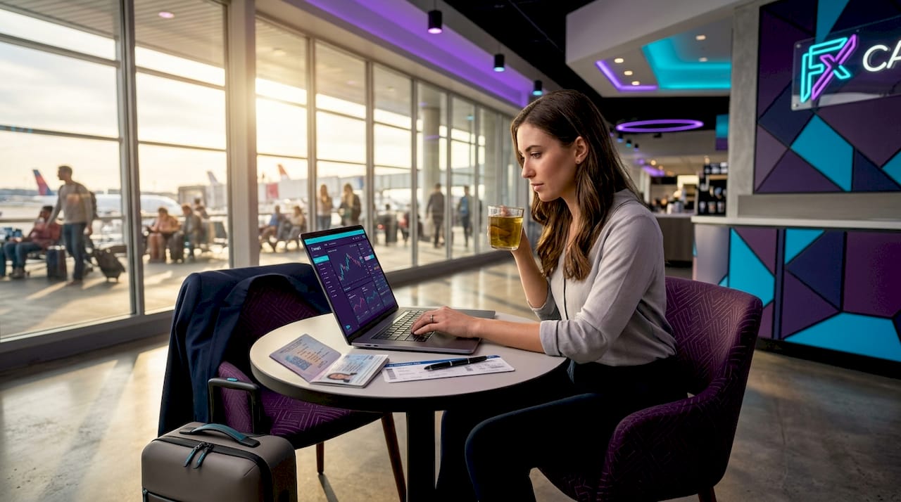 Retail trader using software while traveling