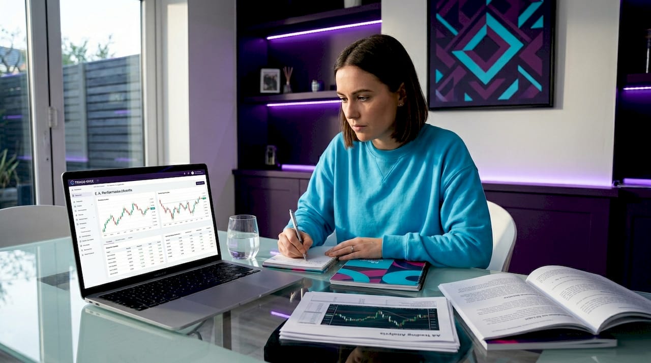 Trader reviews EA performance charts at home