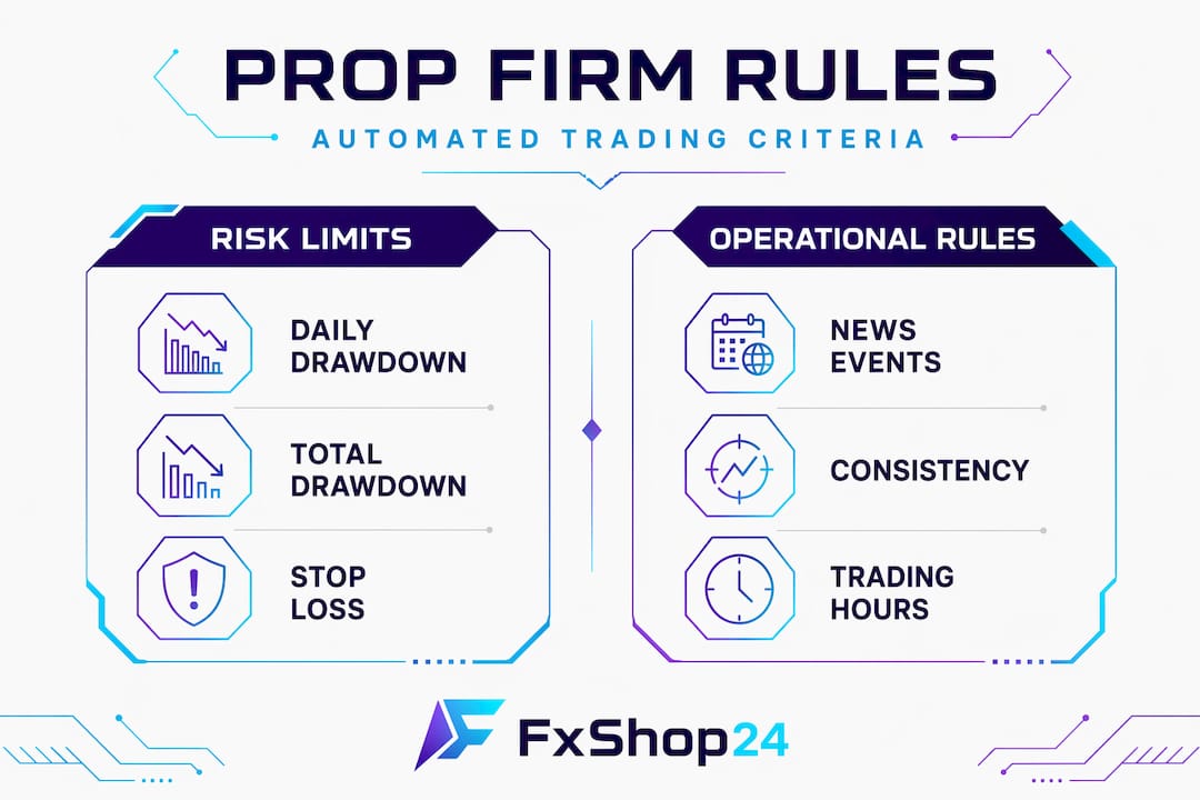 Infographic comparing key prop firm rule categories