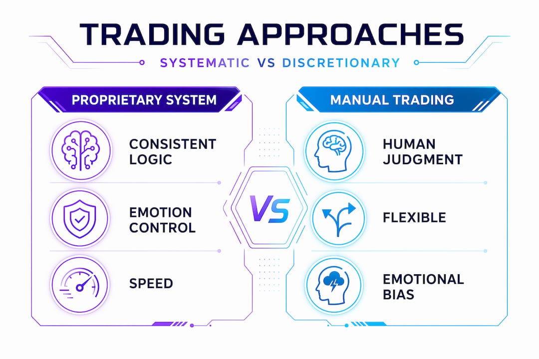 Infographic comparing proprietary and manual trading methods