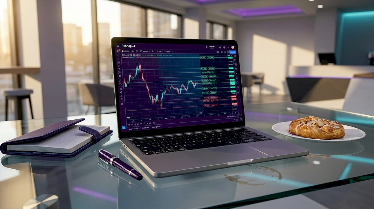 Laptop screen showing grid trading limit orders chart