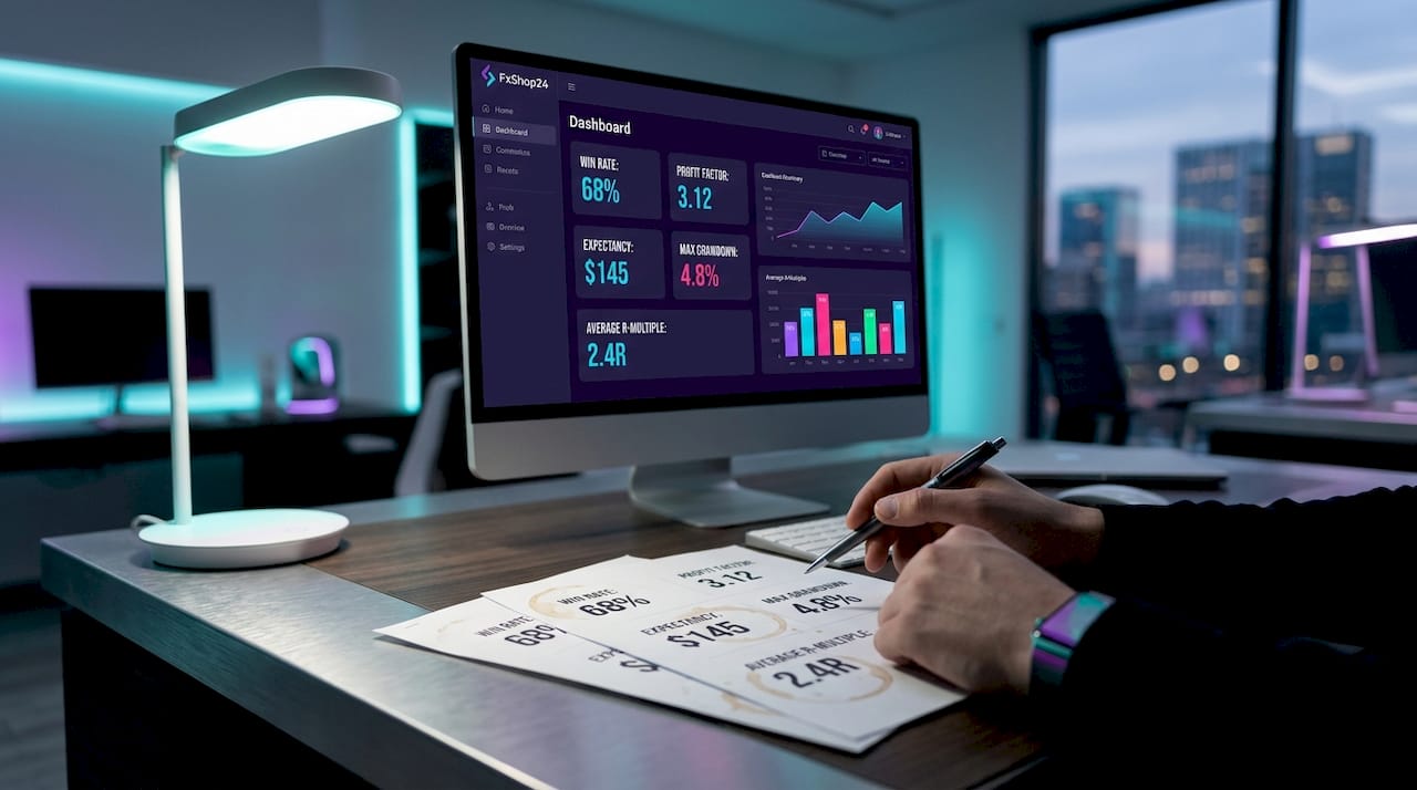 Close-up of trading metrics dashboard and notes