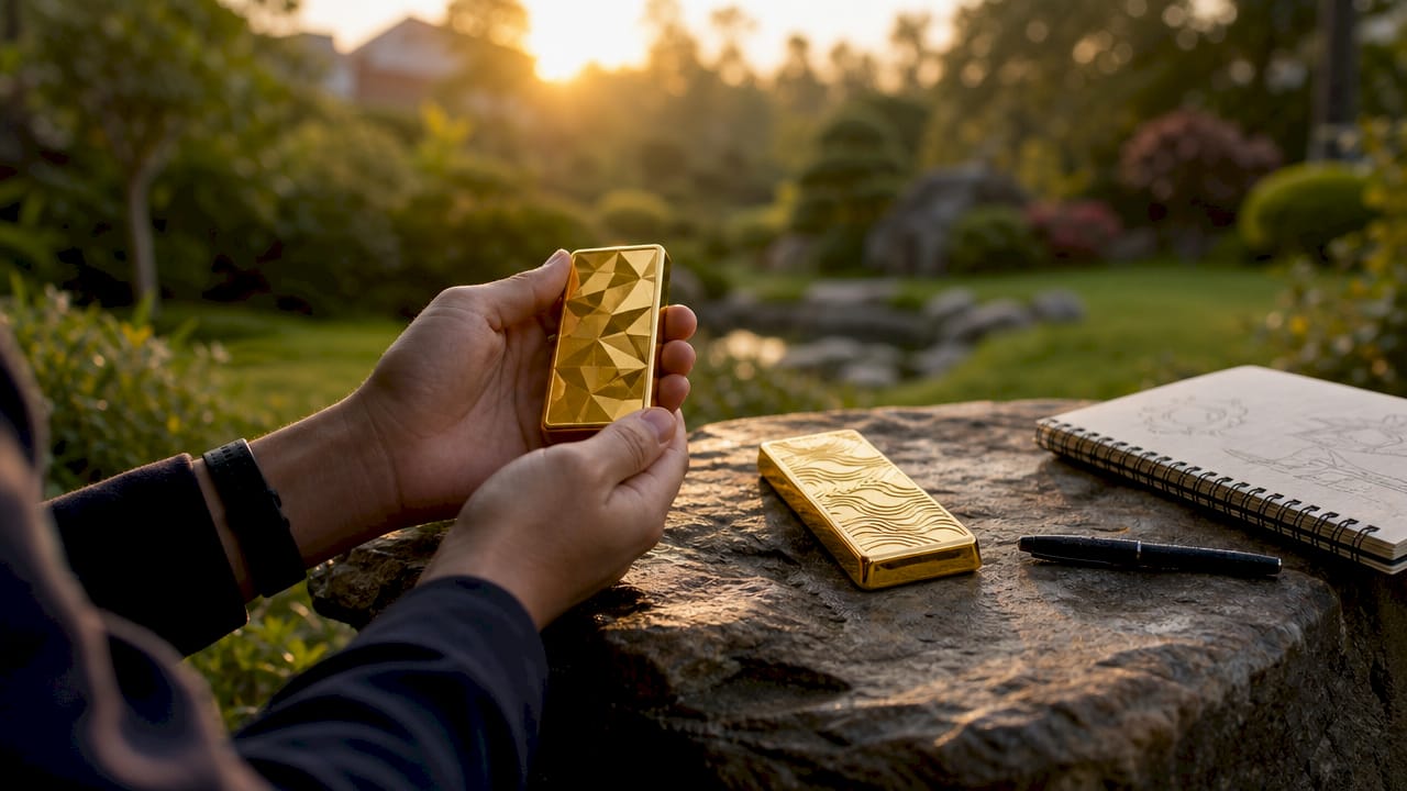 Hands comparing two types of gold bars