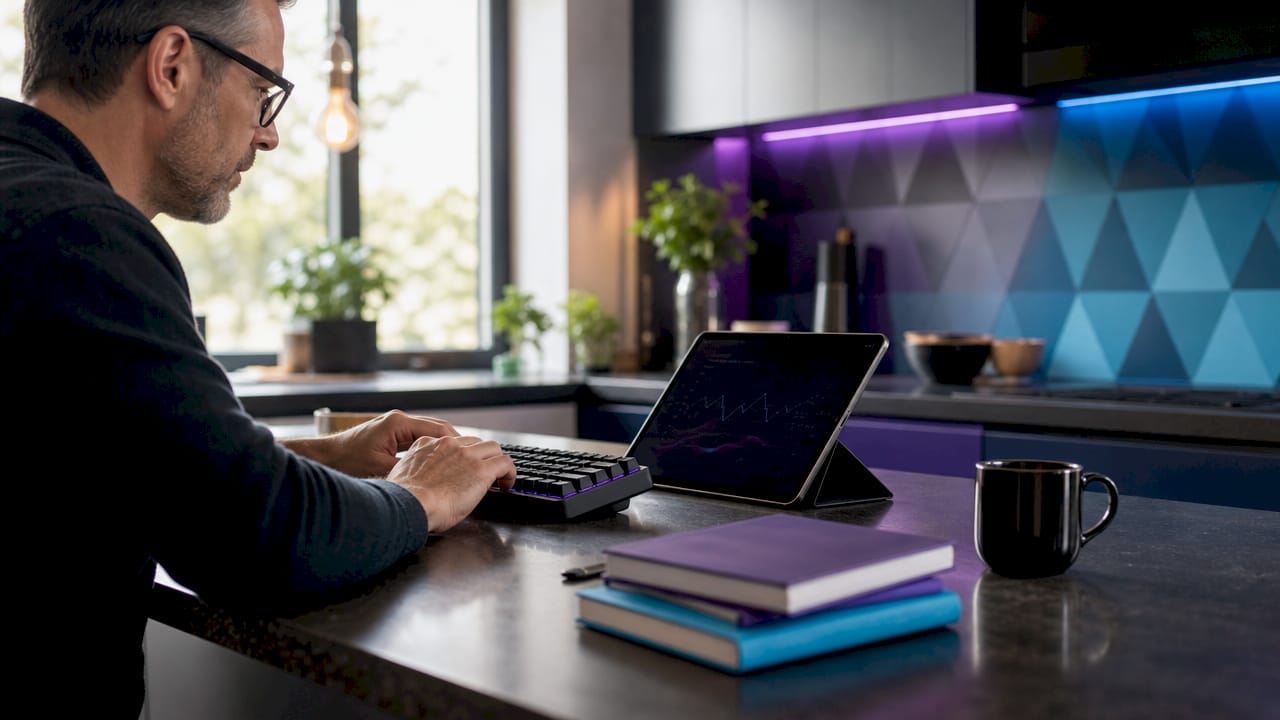 Hands typing at home office desk on AI process