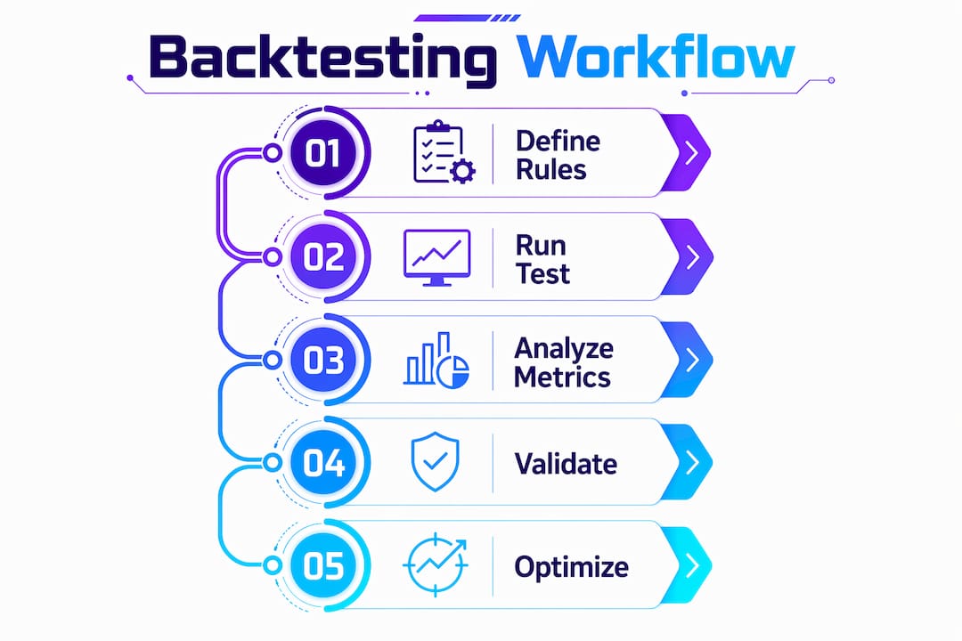 Infographic illustrating backtesting workflow steps