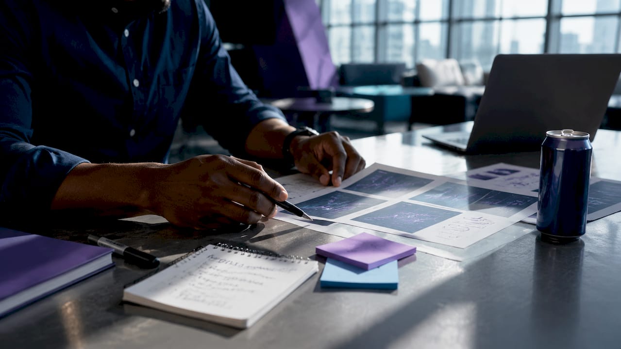 Overhead hands reviewing trading risk documents on desk