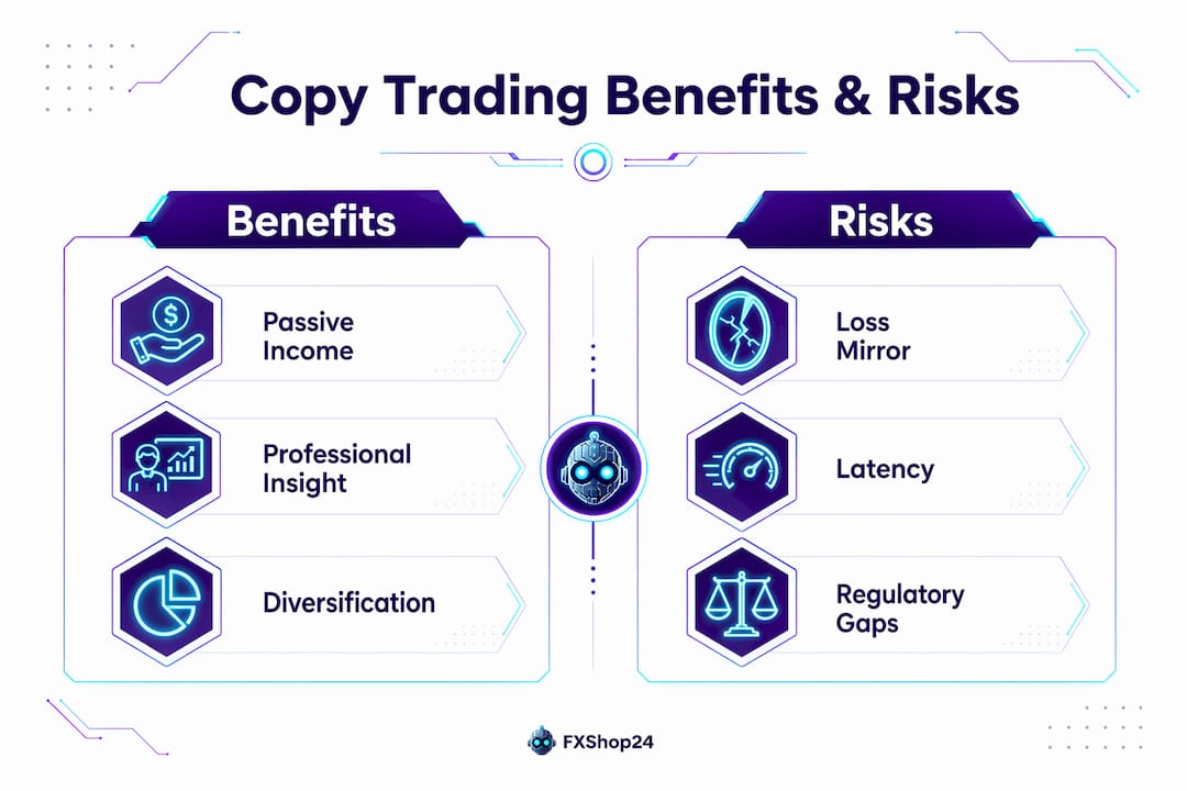 Infographic comparing benefits and risks of copy trading