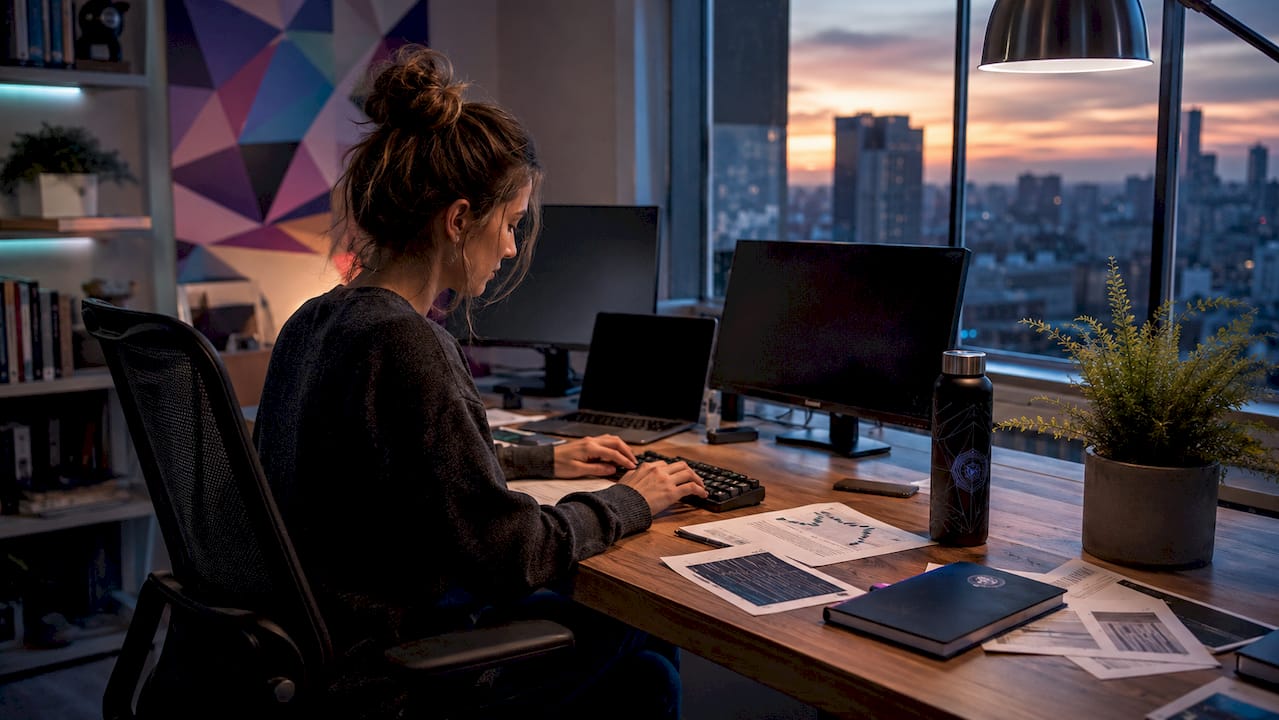 Trader's hands typing amid trading setup tools