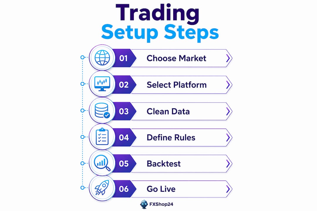 Infographic illustrating trading system setup steps