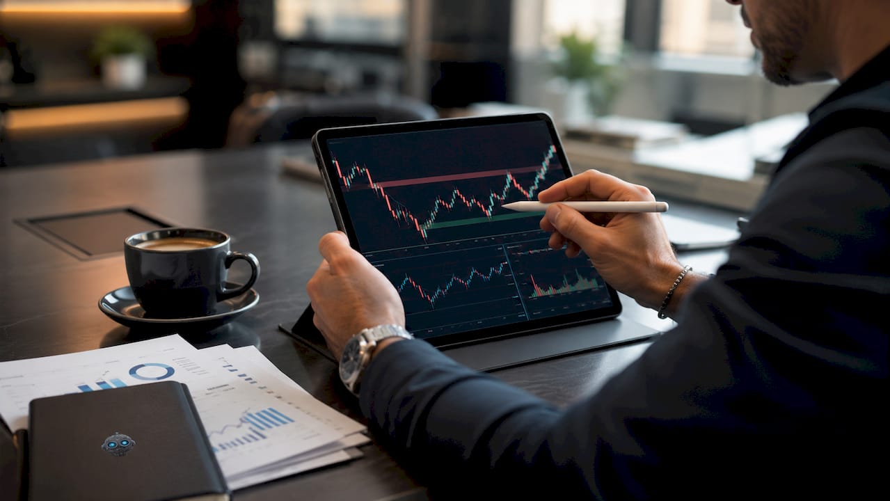 Hands drawing forex zones on tablet in café