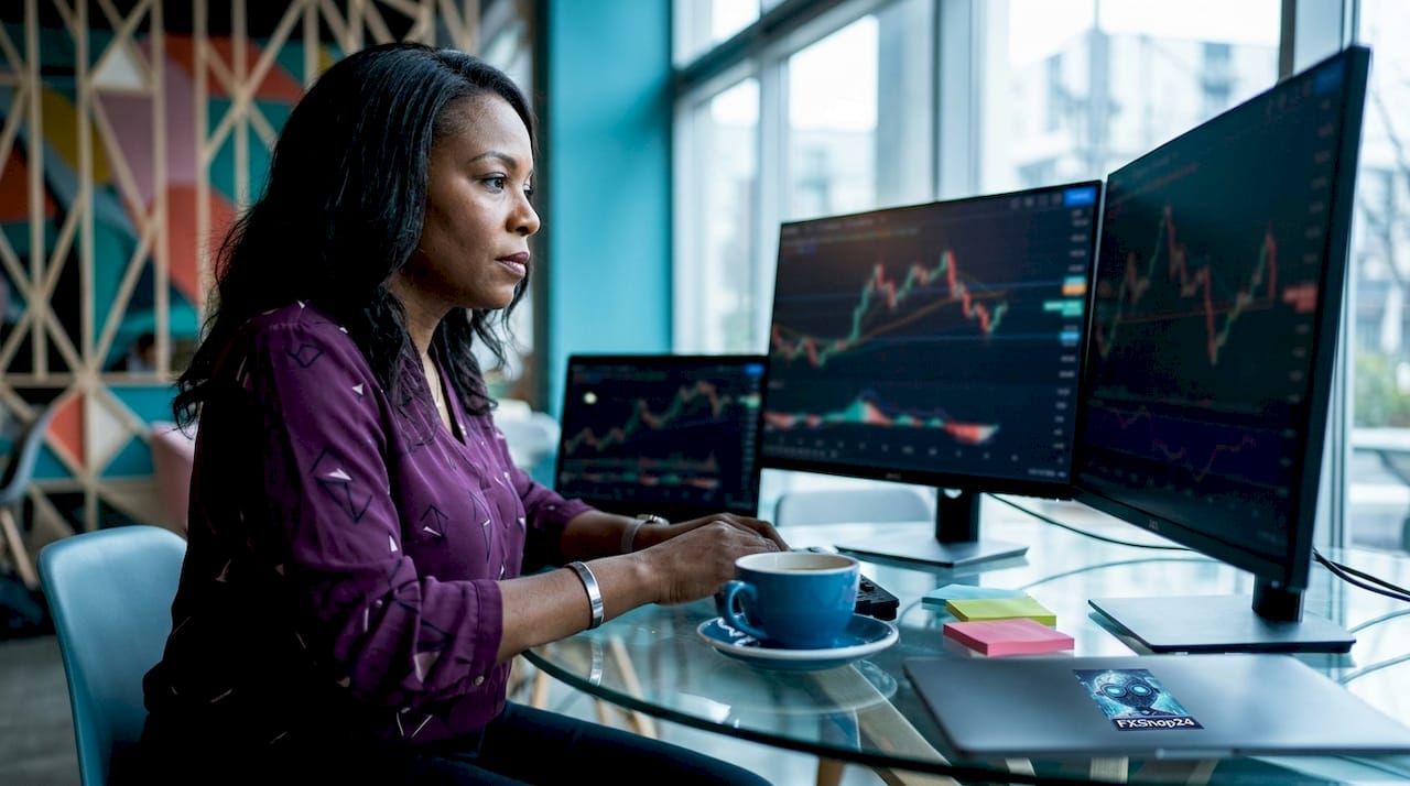 Trader adjusting monitors with trend indicators