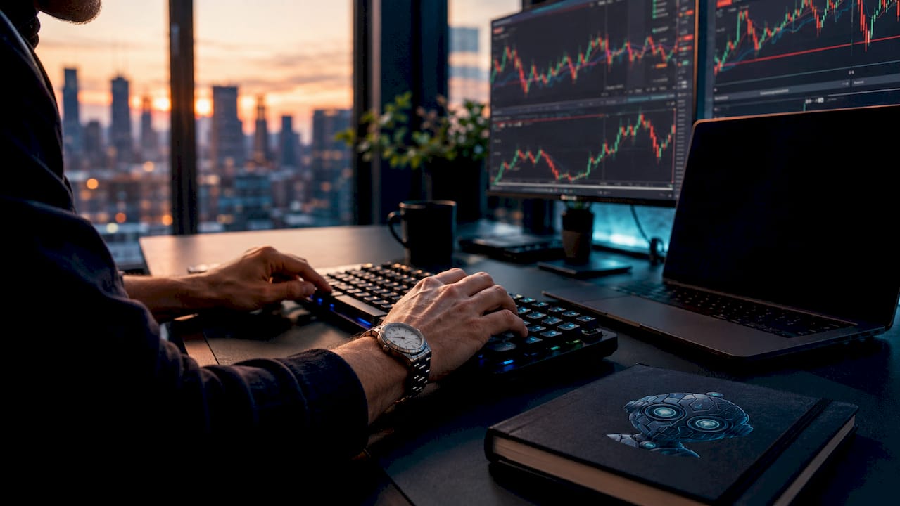 Close-up hands typing on keyboard with trading notes