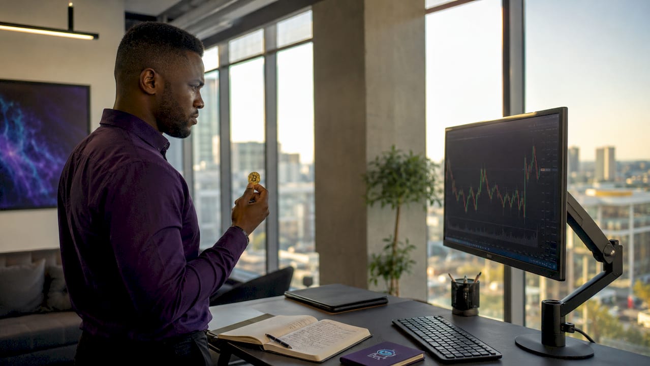 Trader's hands using mouse by trading notes