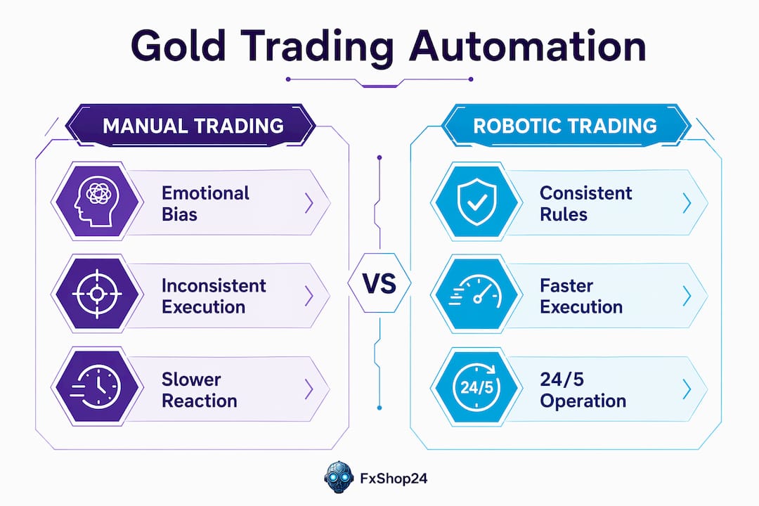 Infographic comparing manual and robotic gold trading
