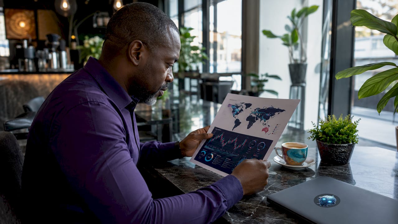 Analyst pointing at global market sentiment documents